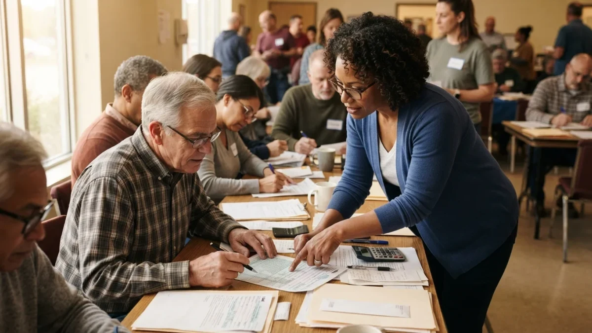 Diverse adults completing paper tax forms at a help desk