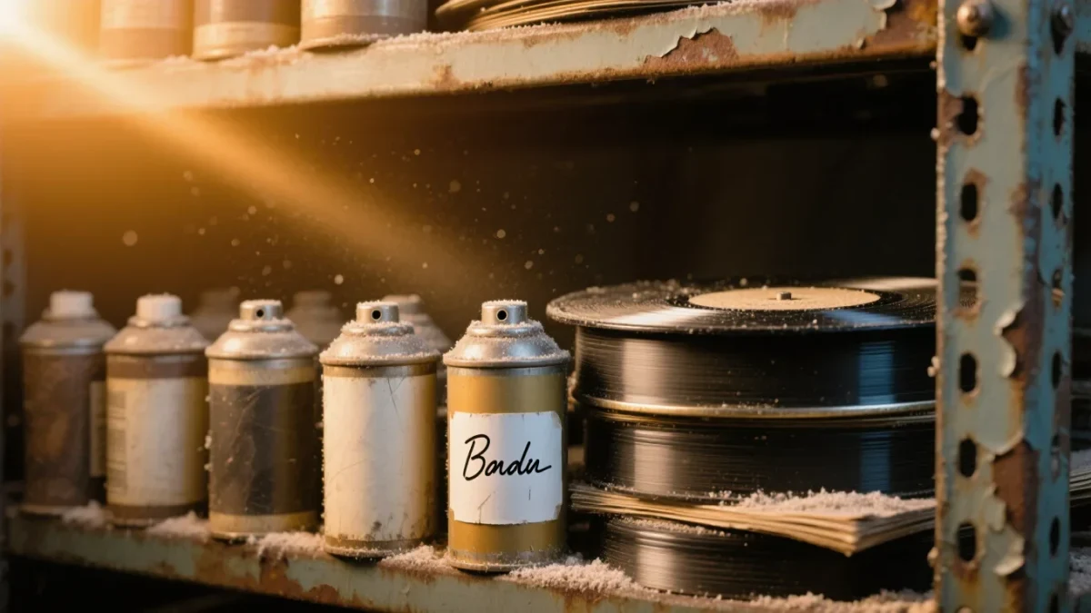 Vintage reel-to-reel tapes and vinyl records in archive storage