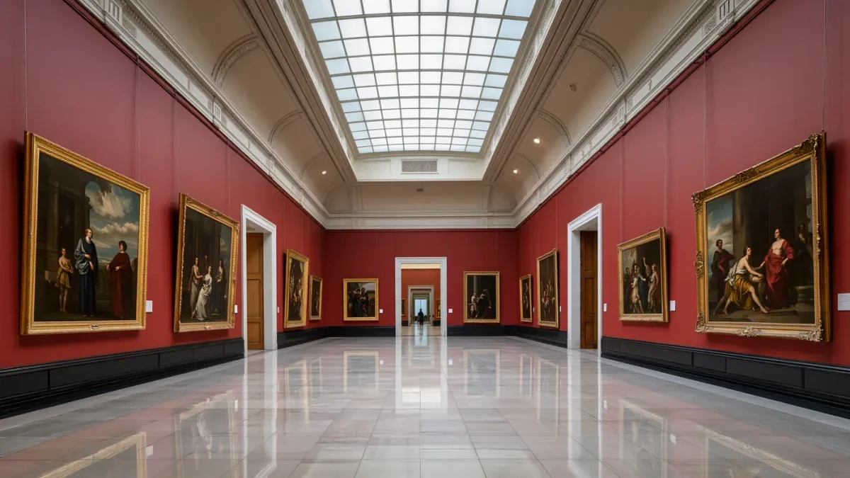 Empty museum gallery hall with grand paintings and skylight