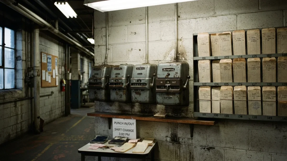 Punch time clocks and paper time-card rack on an empty factory wall