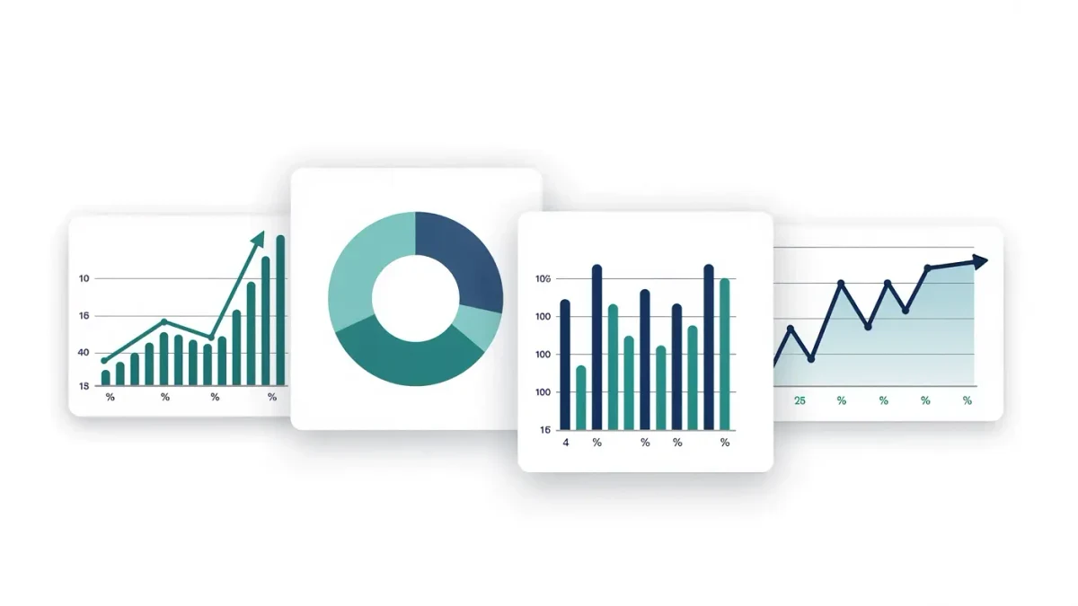 Stacked research reports rendered as clean editorial data charts