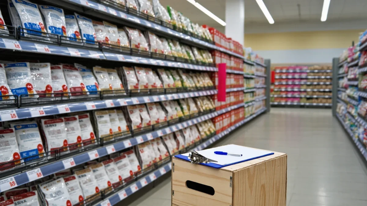 Price checker recording shelf labels in a grocery aisle