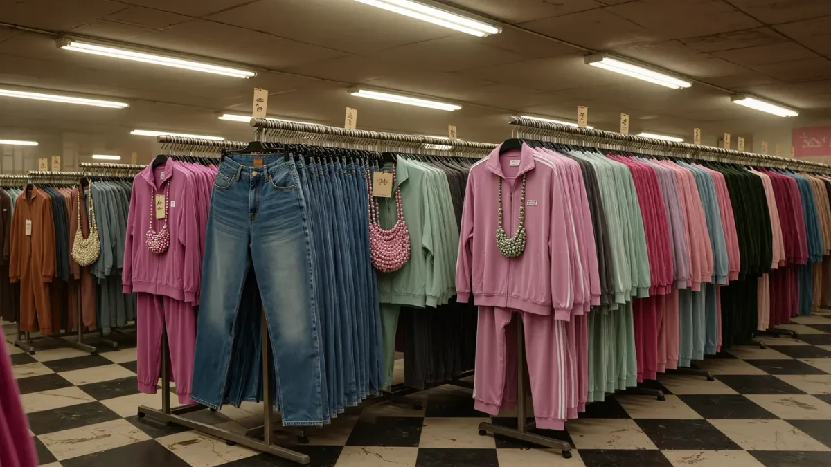 Vintage shop aisle with early 2000s clothing racks under warm fluorescent light