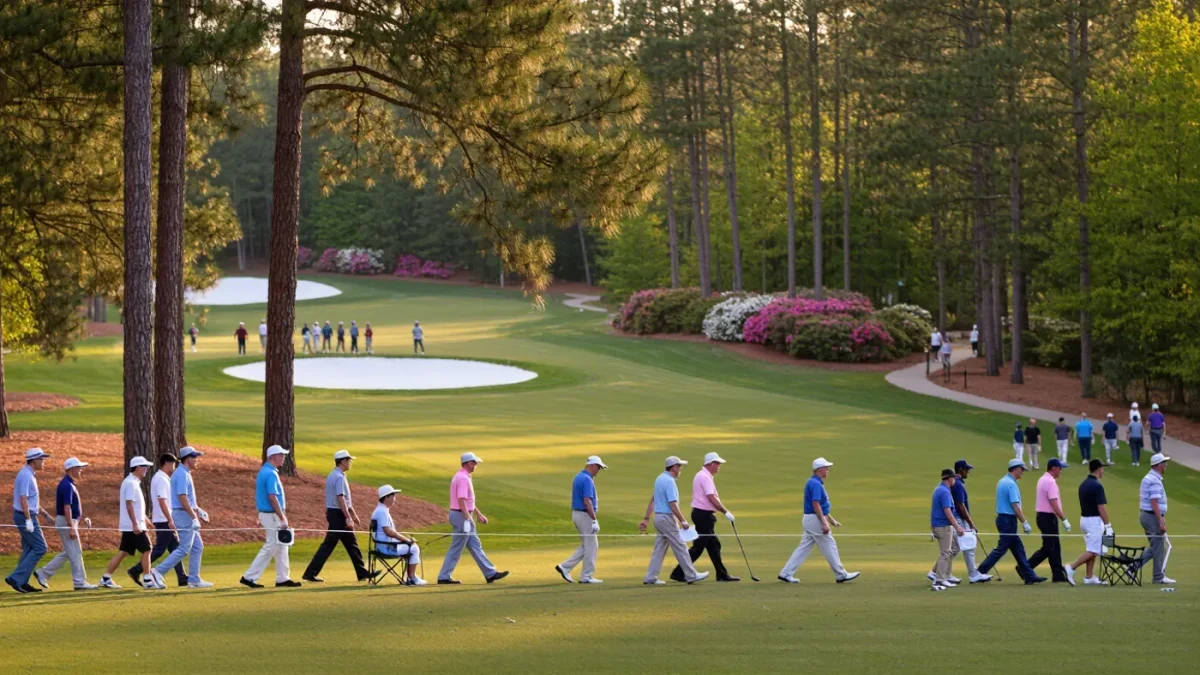 Golf patrons crossing a pine-lined fairway on Masters Sunday