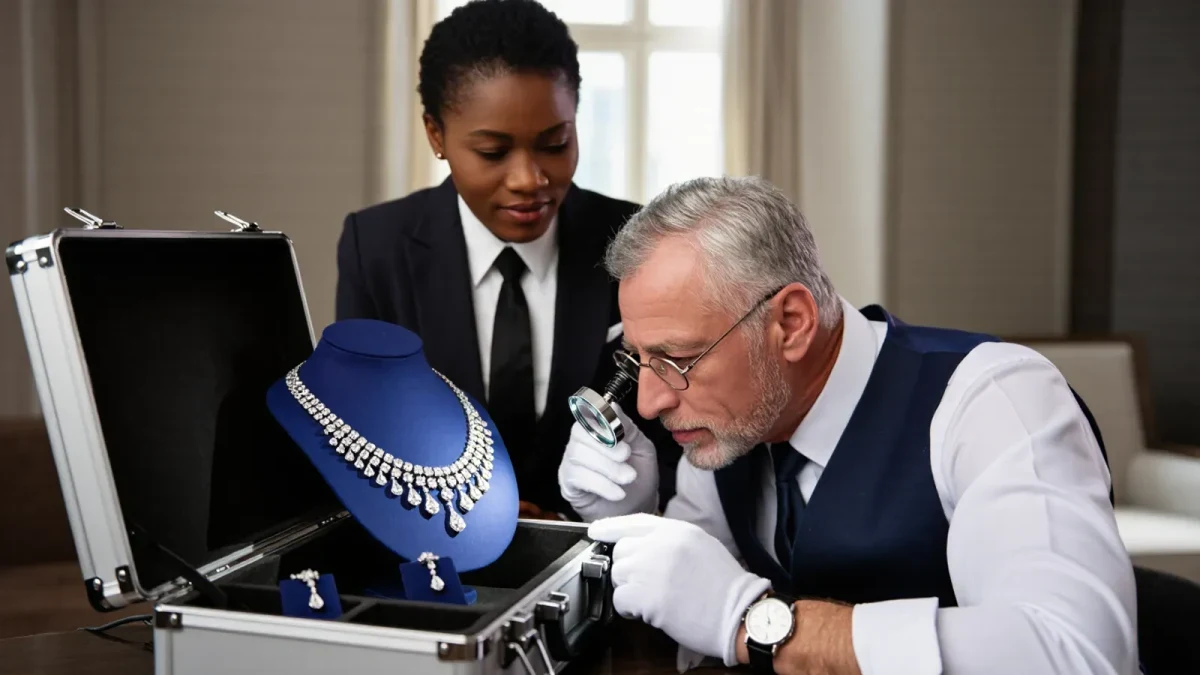 Gloved jewelers inspecting diamond necklace beside security escort