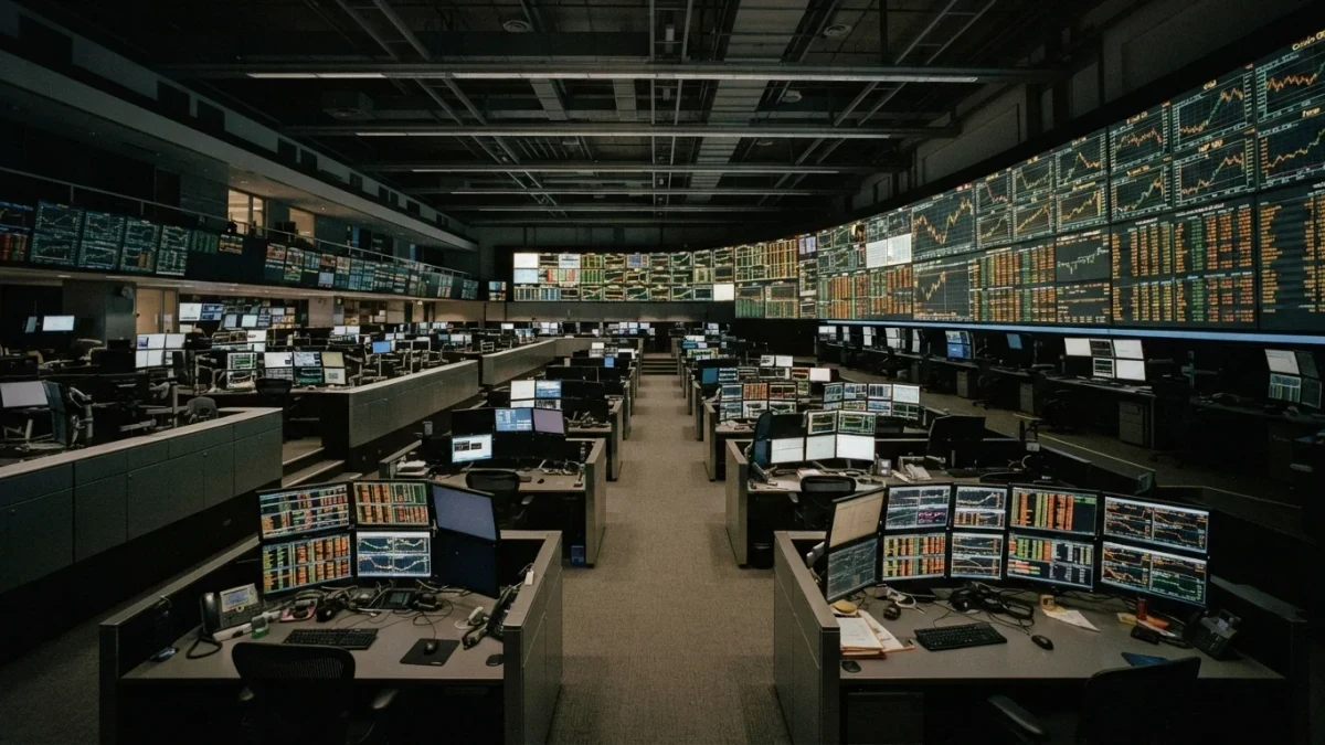 Empty commodities exchange floor with glowing market screens