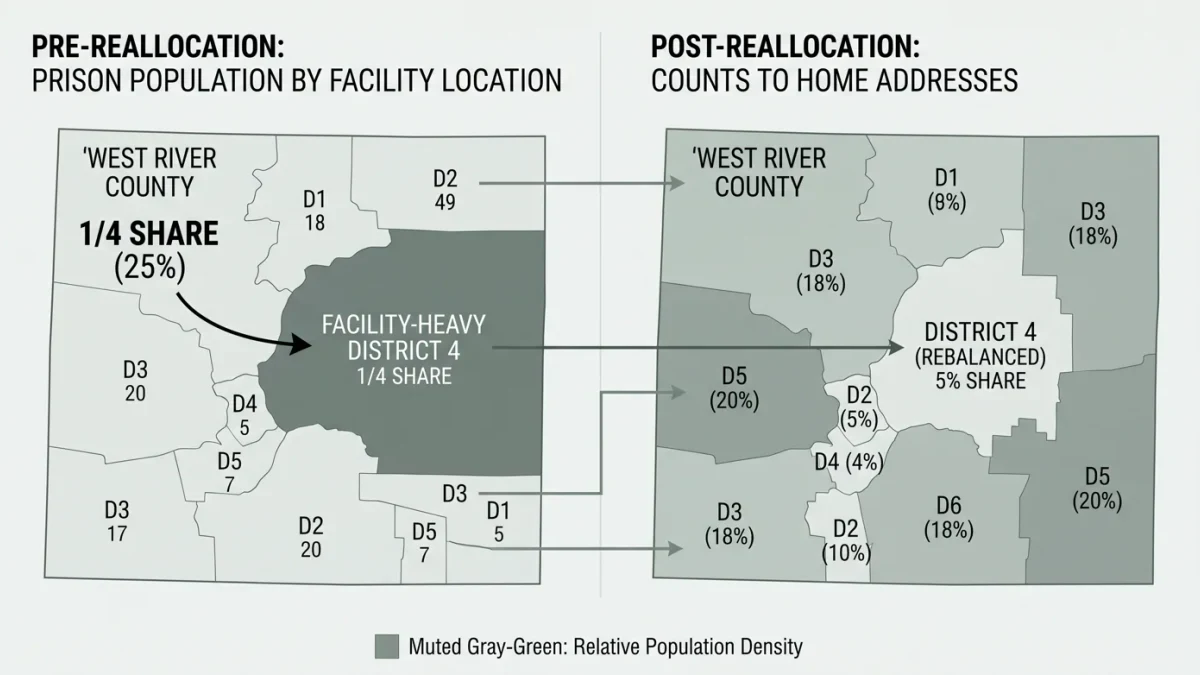 Two district maps side by side showing population reallocation arrows