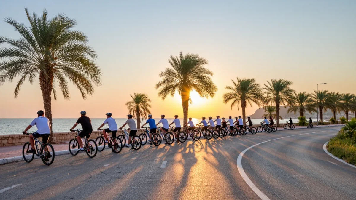 Cycling fans waiting roadside on a coastal climb at sunrise