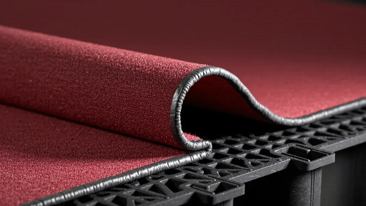 Close-up of deep red carpet pile and taped edge