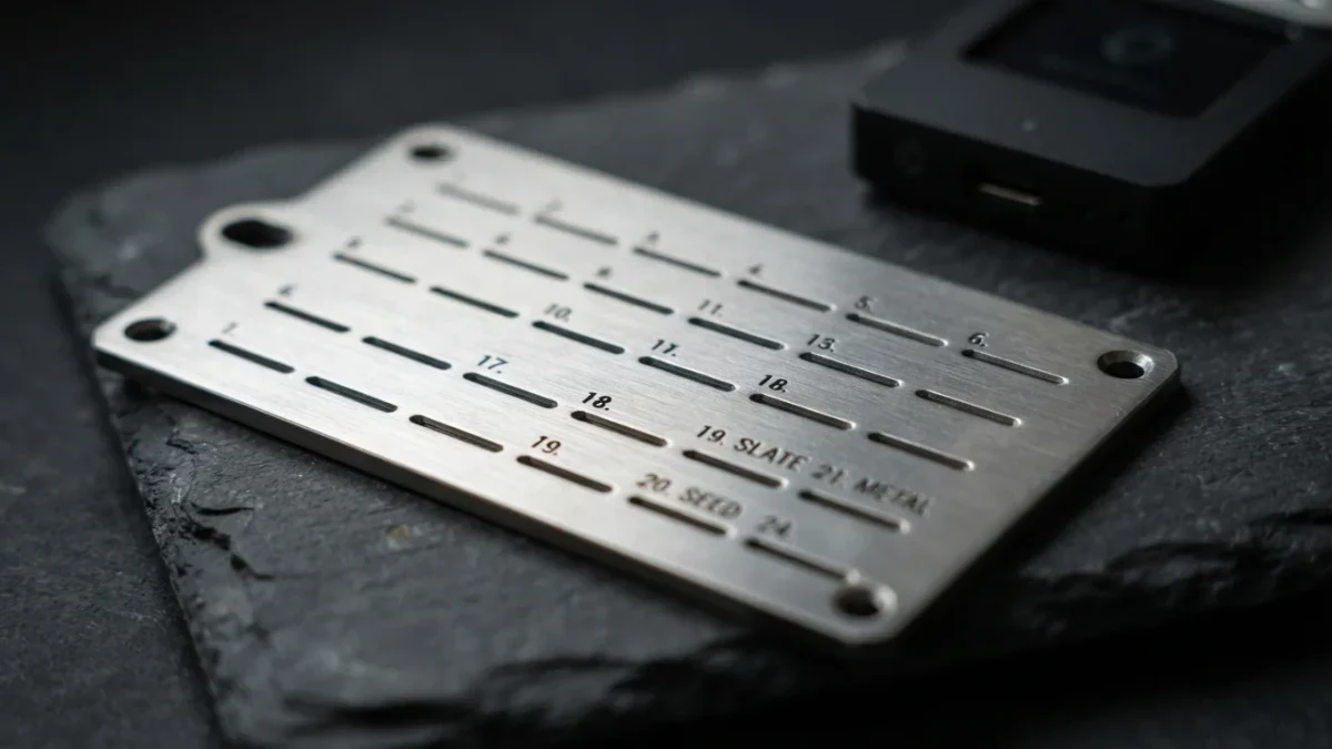 Engraved stainless steel seed phrase backup plate beside a hardware wallet