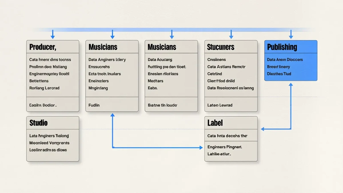 Anatomy diagram of an album credits page with labeled credit blocks