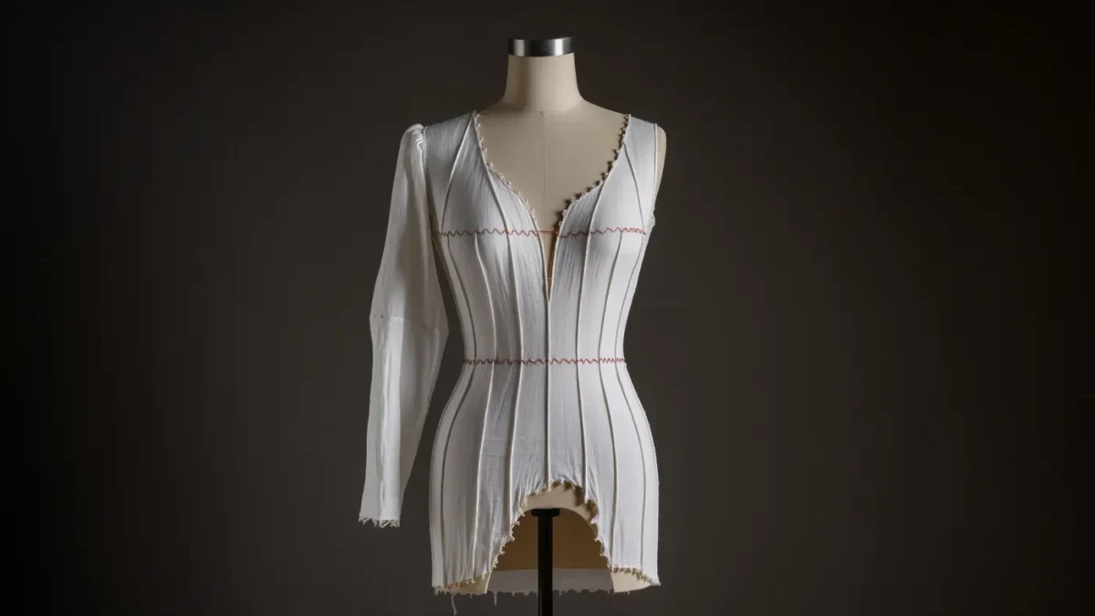 Close-up of an unfinished toile bodice with dense basting stitches on a stand