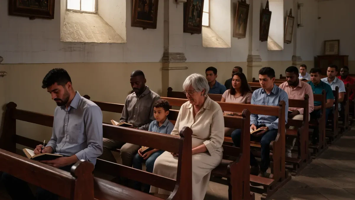 Congregation of mixed ages listening in a parish church service
