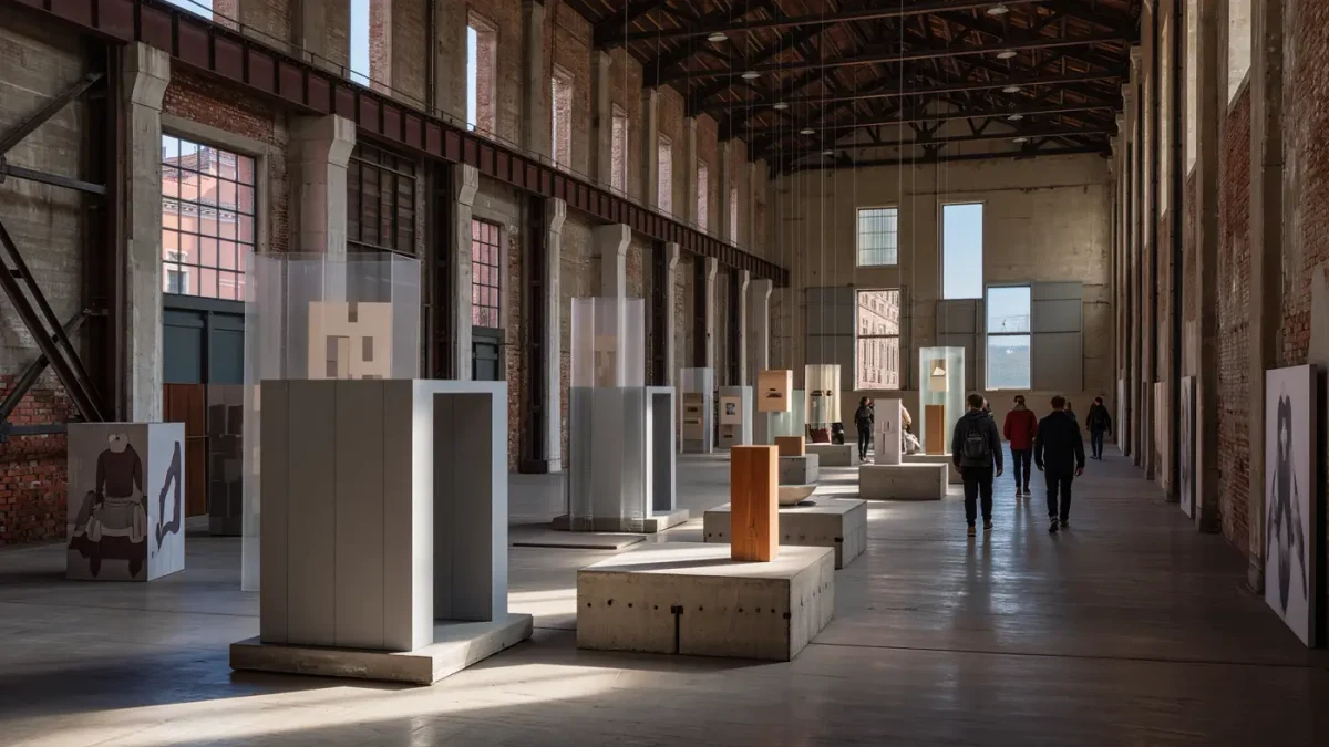 Visitors moving slowly through a quiet contemporary art biennale pavilion in Venice