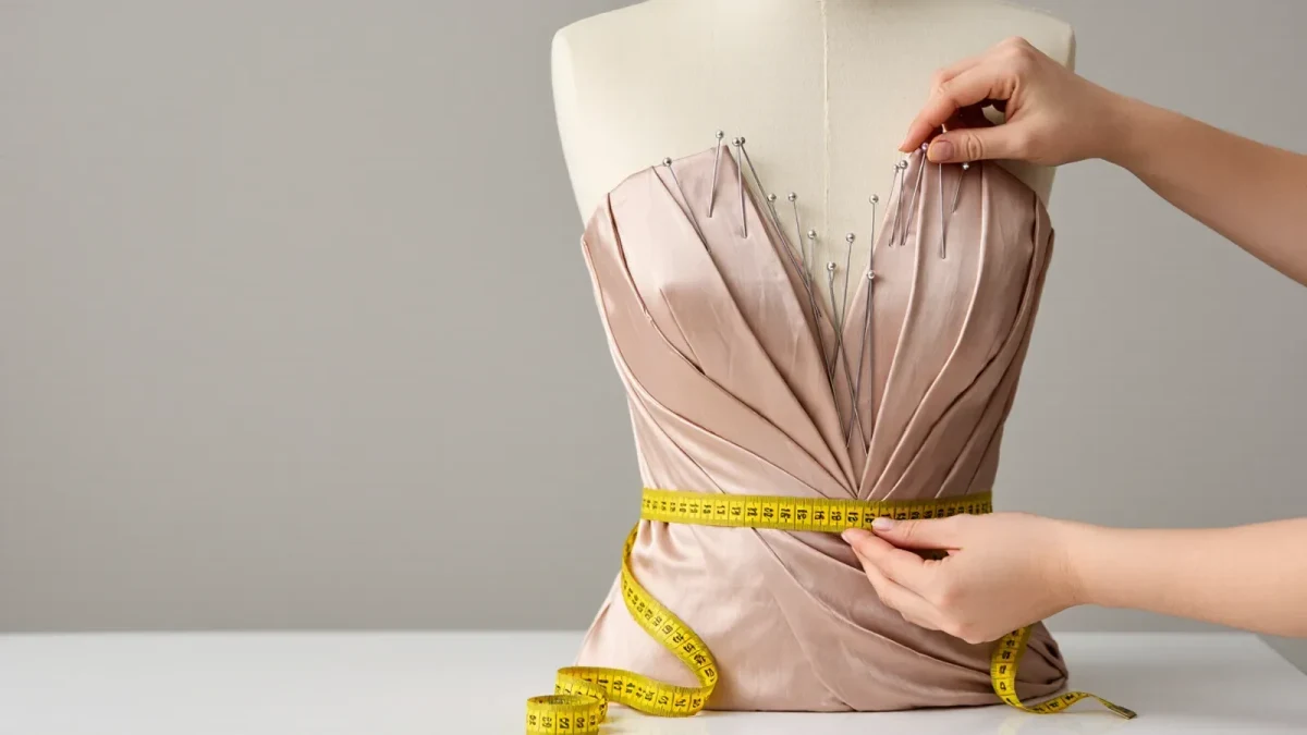 Close-up of an evening gown being pinned at a fitting