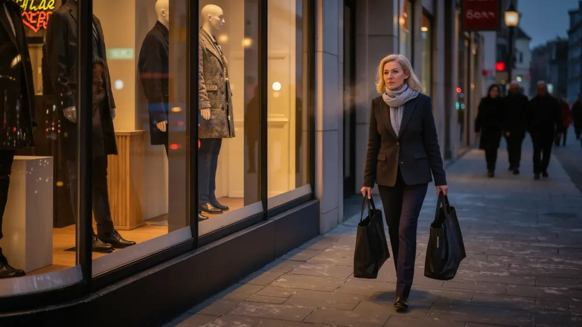 Shopper carrying garment bags past an upscale boutique window on a winter evening