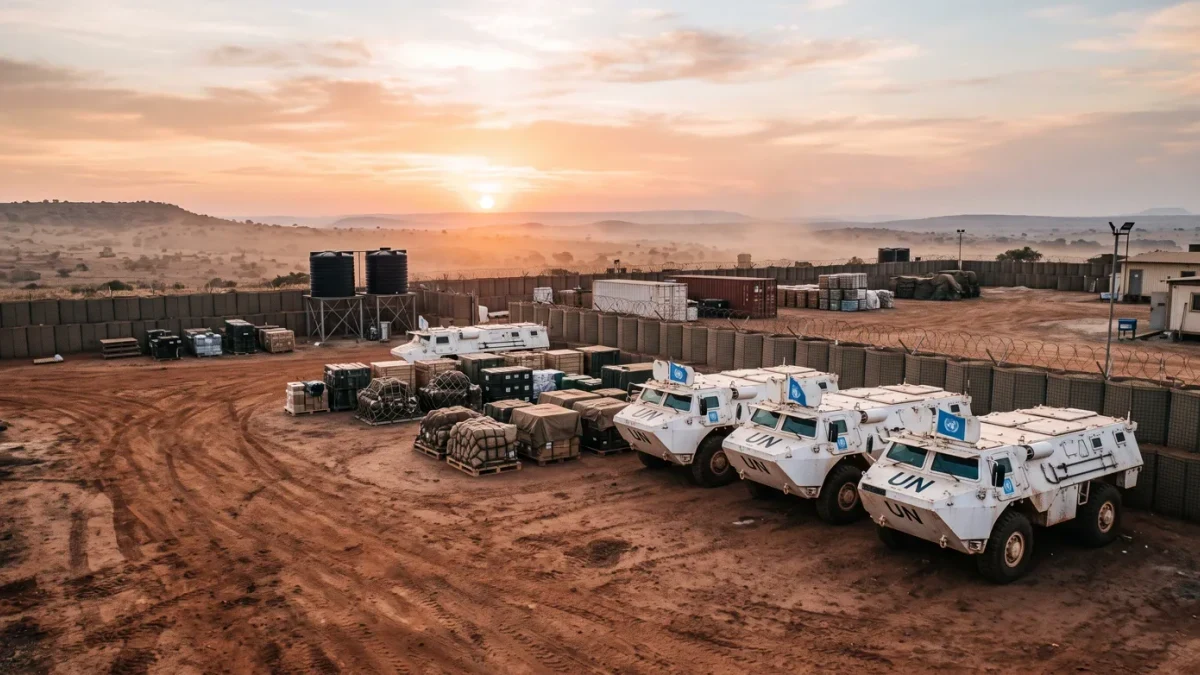 Peacekeepers unloading supplies at a dusty forward operating base