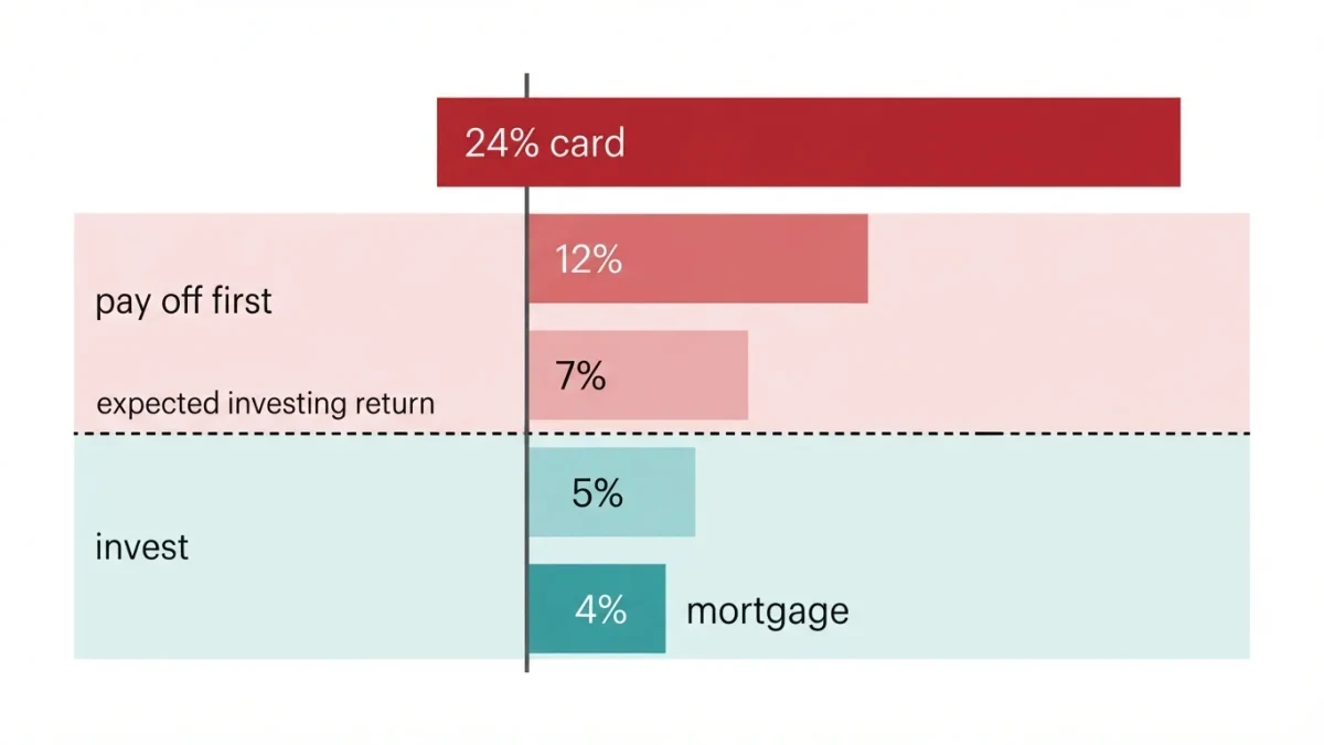 Infographic of a rate ladder from 24% card debt down to 4% mortgage with decision bands