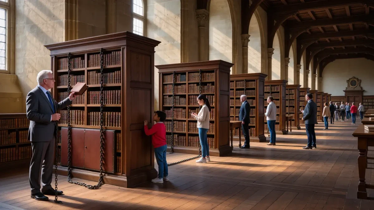 Visitors and a guide examine books chained inside a historic cathedral library