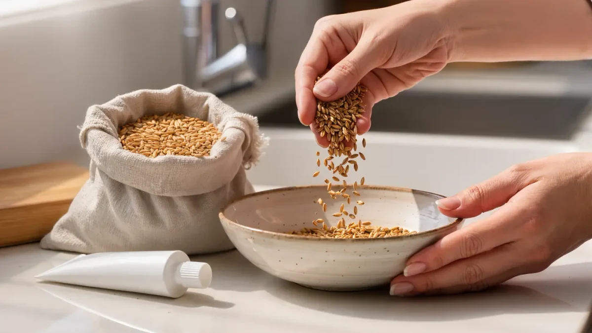 Hands scooping wheat and barley grains near a plain white acid cream tube