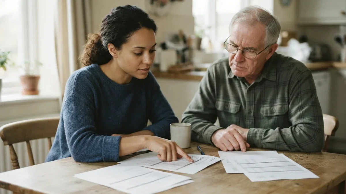Two investors compare fund fee documents at a kitchen table