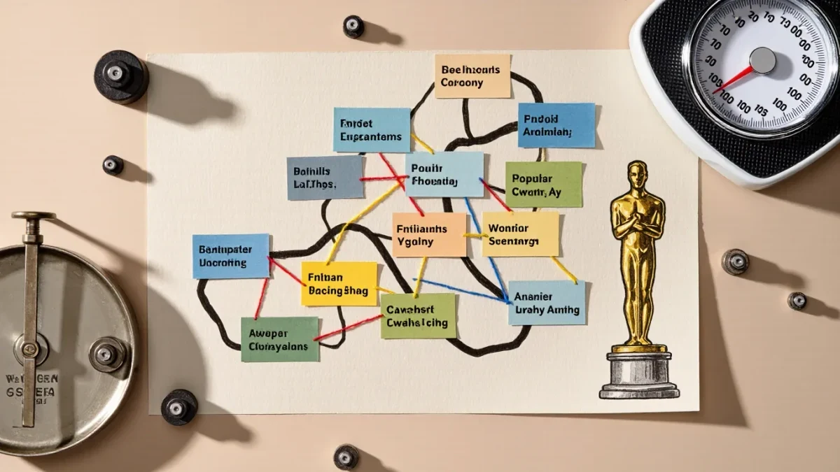 Hand-drawn paper infographic mapping music award categories with thread and a gold statuette silhouette