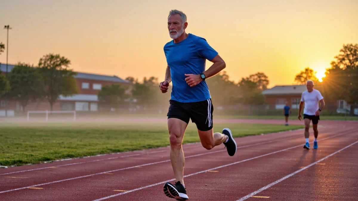 Gray-haired runner training on an outdoor track at sunrise