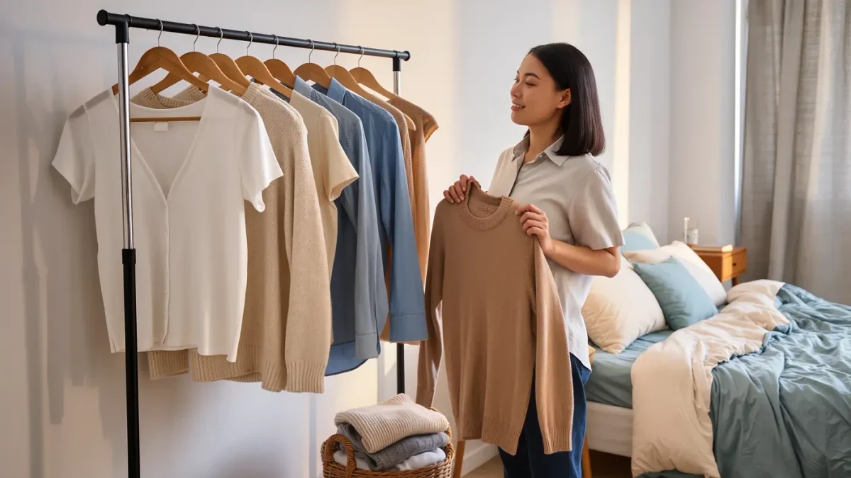 Woman thoughtfully choosing between a few garments from a small organized wardrobe rail at home