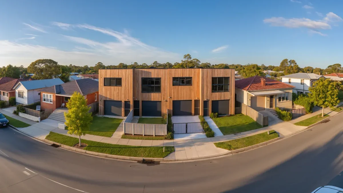 New triplex beside older single-family houses on street