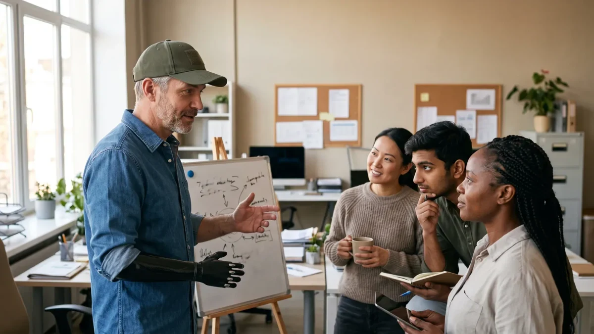 Veteran business owner leading a team meeting in a small firm