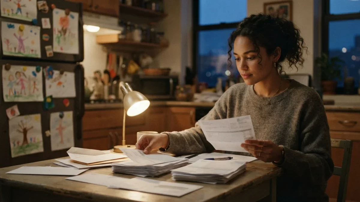 Parent sorting weekly bills into piles at a small kitchen table