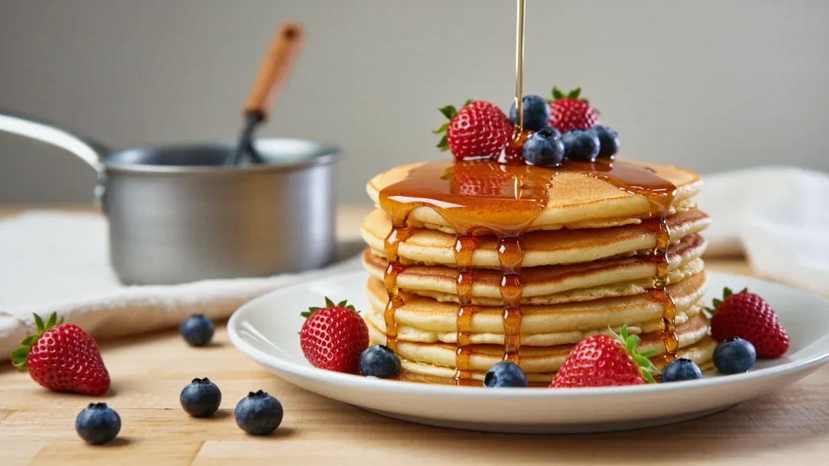 Stack of homemade pancakes with syrup and berries