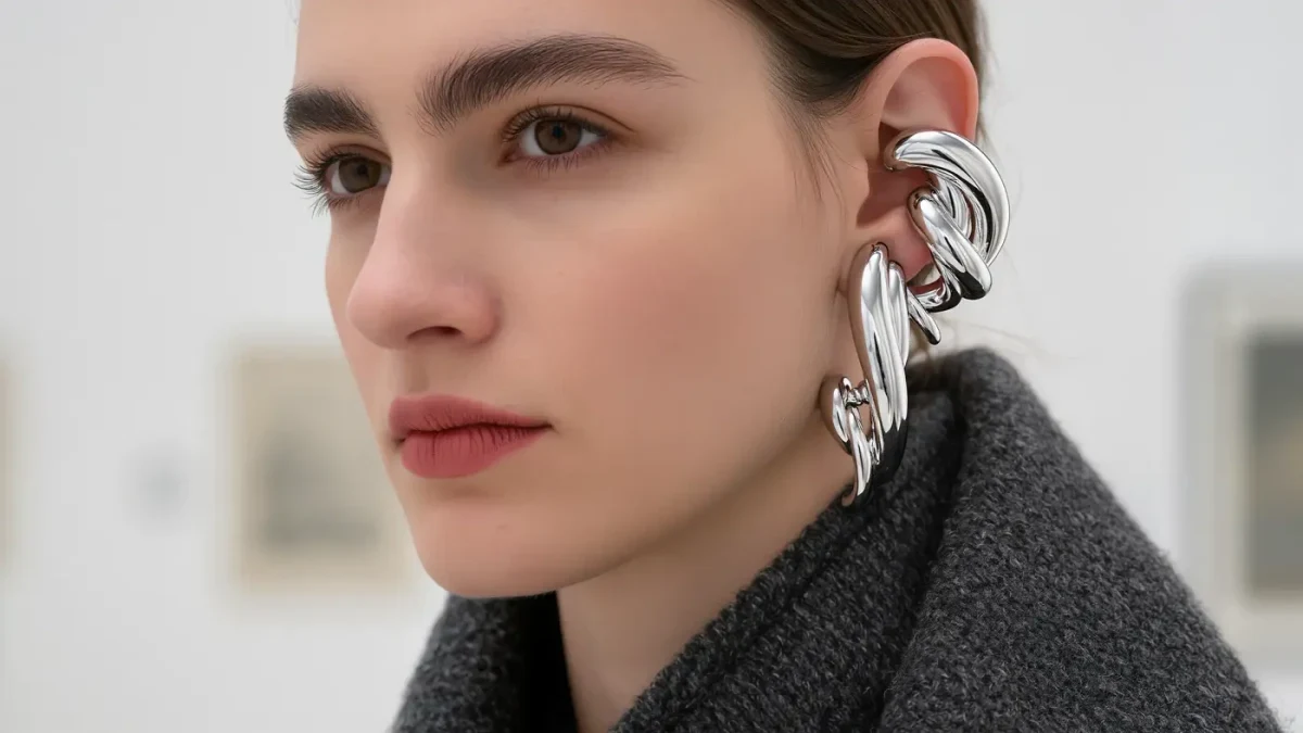 Close-up of sculptural earring and coat collar in white gallery light