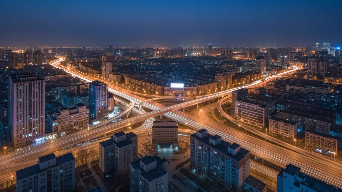Night cityscape with layered threads of light trails