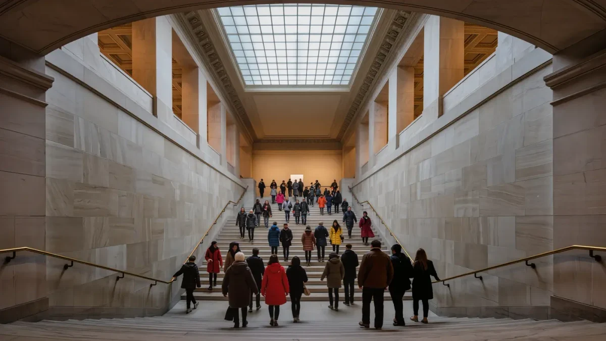 Diverse visitors climbing a grand museum lobby staircase in daylight
