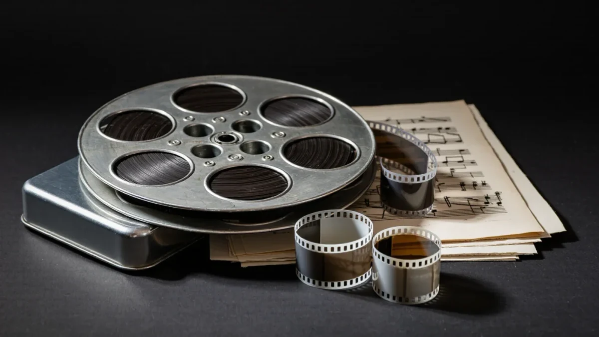 A 35mm film reel beside an annotated screenplay draft
