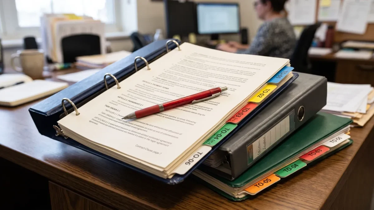 Close-up of contract binders with task order tabs in a procurement office