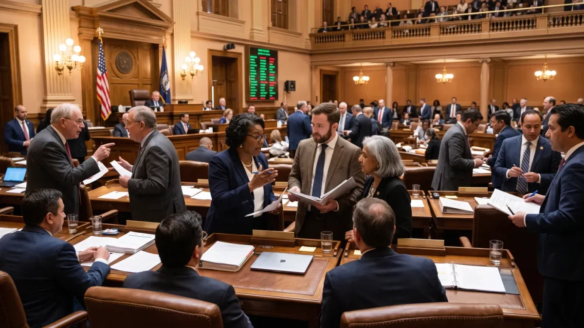 Senators conferring on the chamber floor during a debate