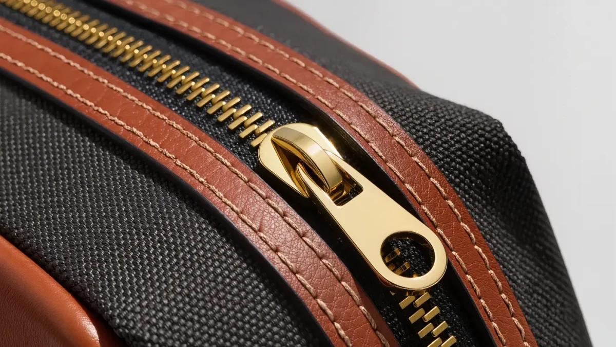 Macro shot of a brass bag zipper and stitched seam laid on grey studio background