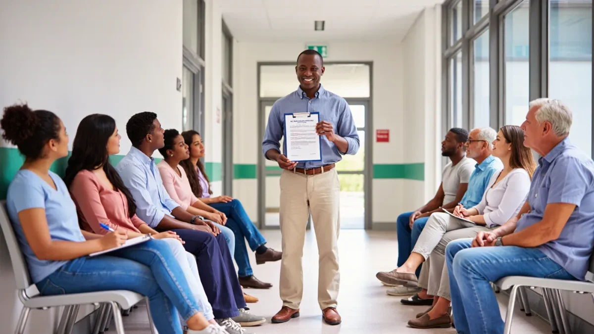 Diverse trial participants speaking with coordinators in a hospital corridor