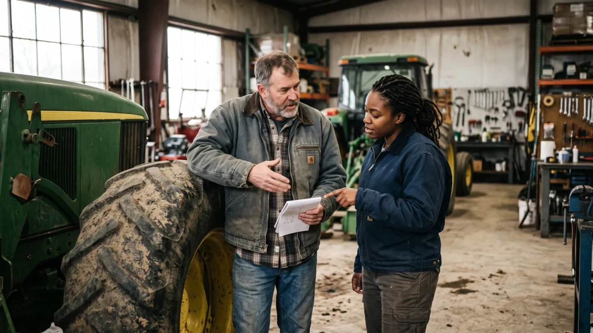 Two farmers reviewing income figures inside a machine shed