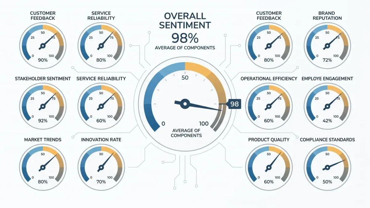 Ten-component gauge dashboard feeding one headline dial