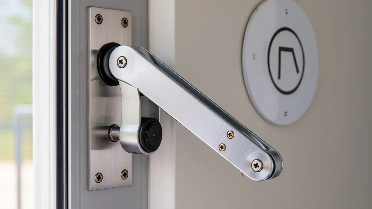 Close-up of a door opener arm mechanism on frame