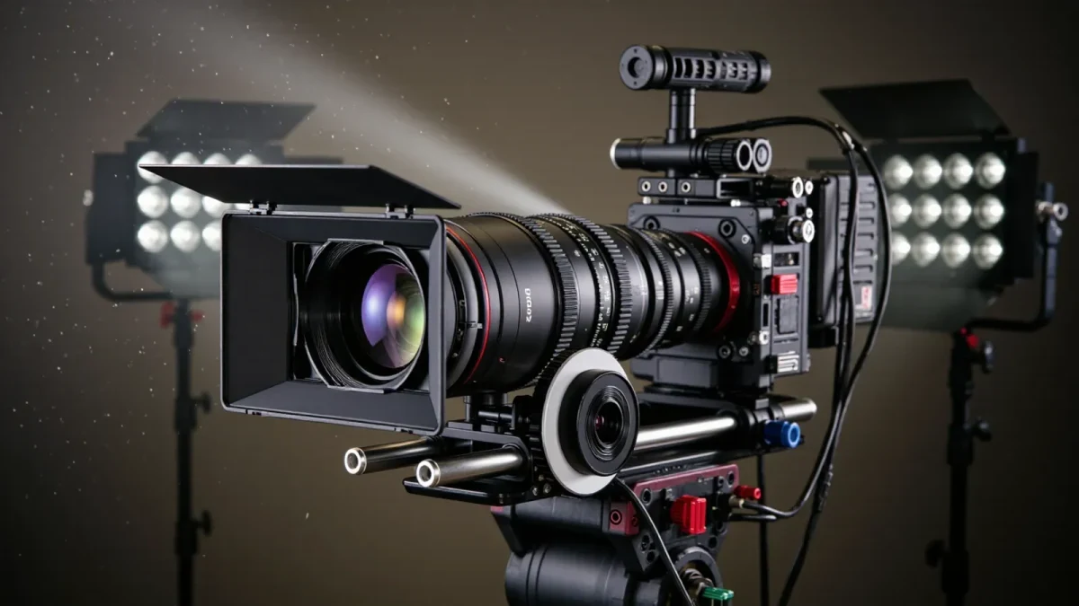 Tentpole camera rig and lighting cluster on a big-budget stage