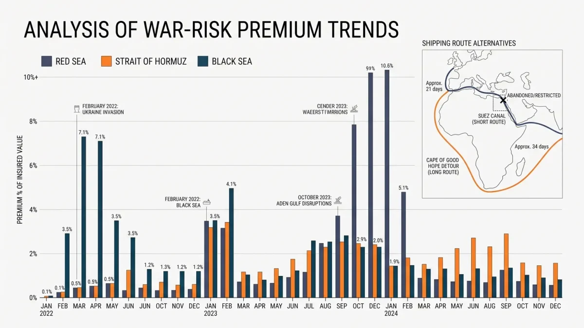 Chart of war-risk premium spikes beside a stylized shipping route map