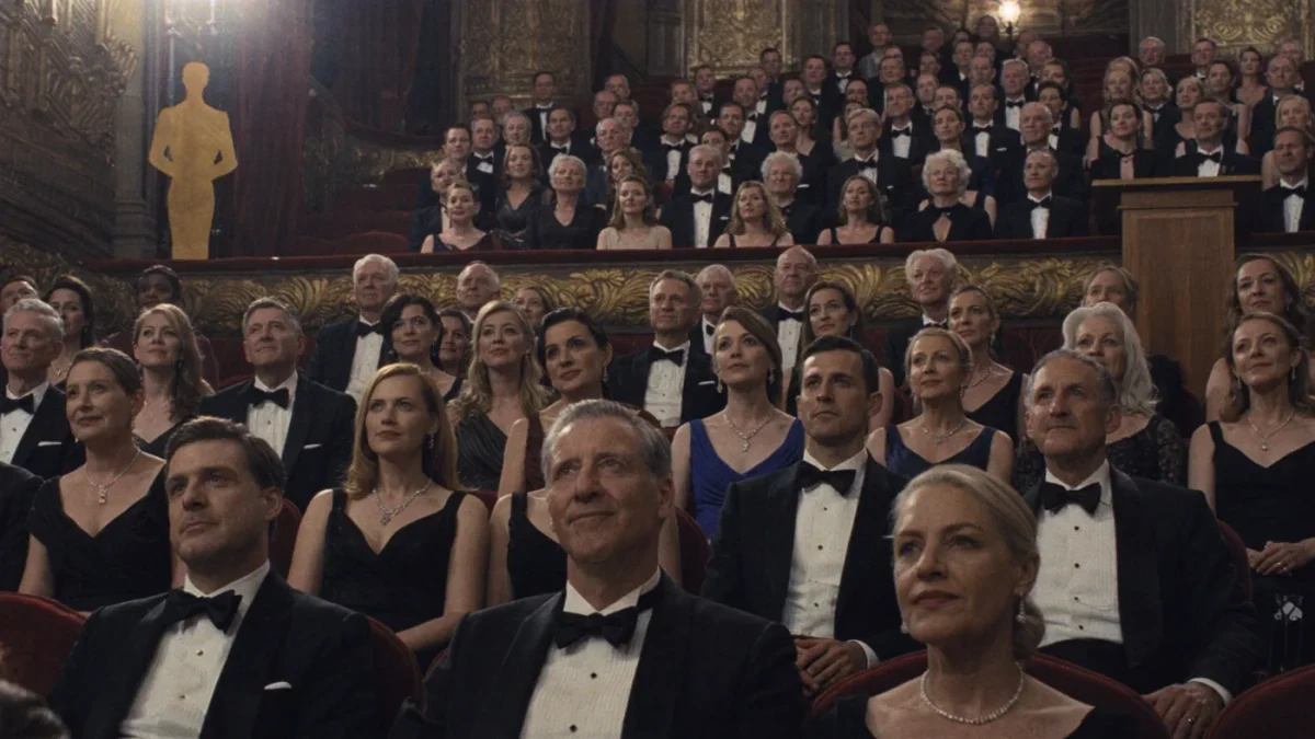 Formally dressed audience seated in an ornate theater before a ceremony
