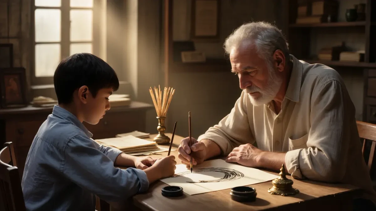 Calligraphy master guiding a student's reed pen across practice paper