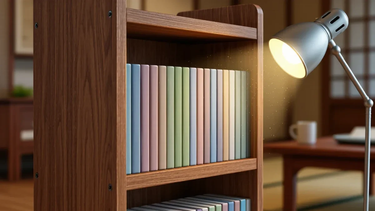 Shelf of animation film cases in warm lamplight, no readable titles