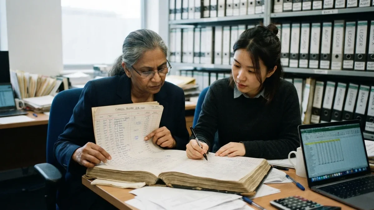 Bank examiners reviewing ledgers together at a desk