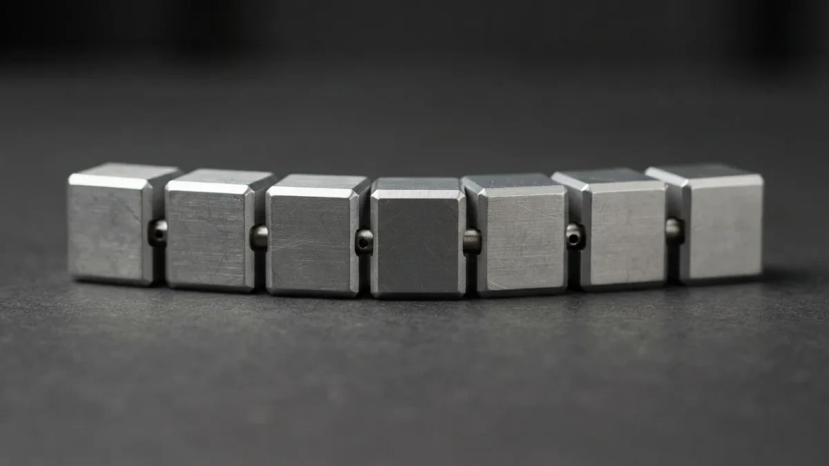 Aluminum cubes linked in a row on a dark studio surface